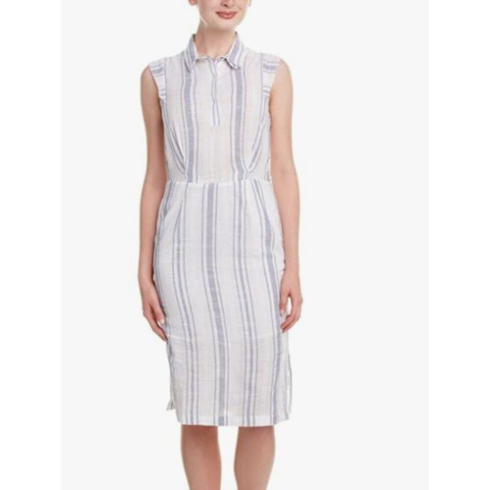 OLIVE & OAK Size Large White Dress with Blue Stripes Popover Lined Slub Cotton